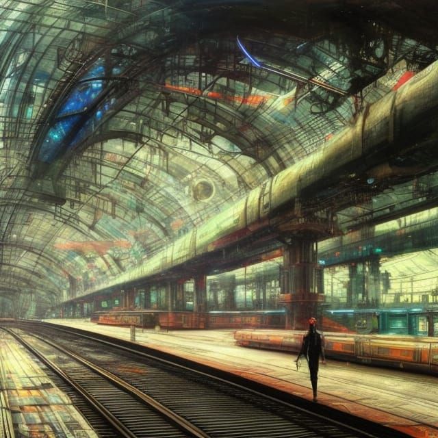 Cyberpunk Train Station in Dystopian Neon Liminal Space