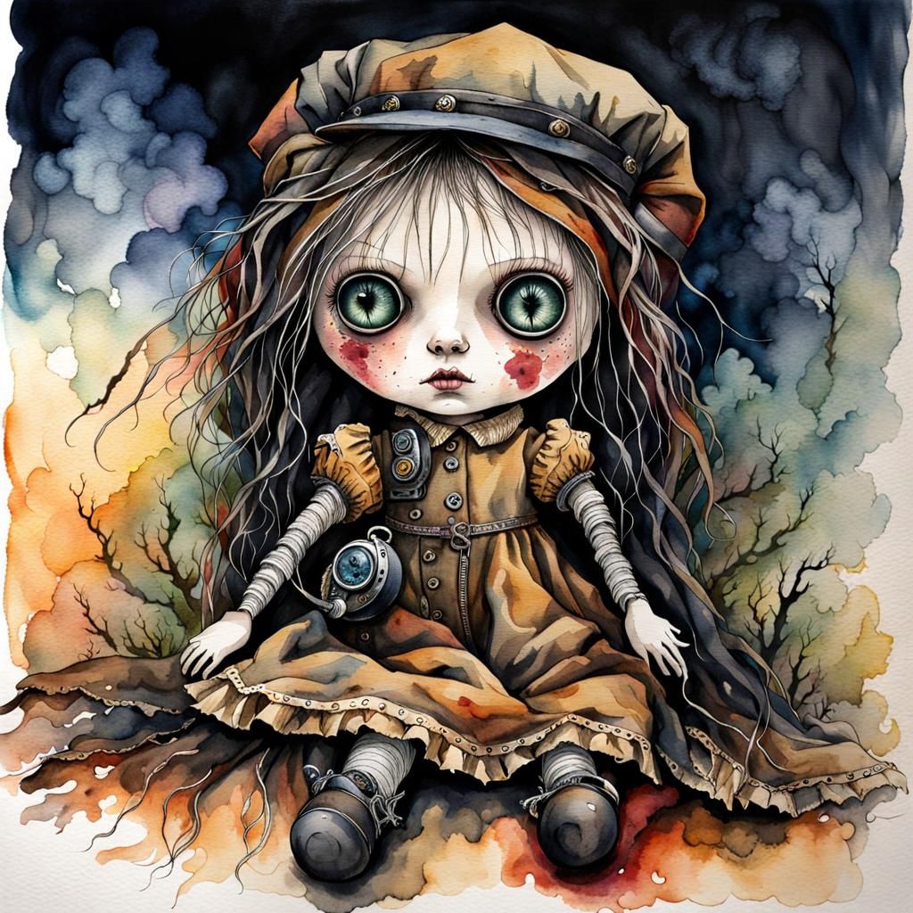 Ominous Rag Doll in Watercolor and Ink