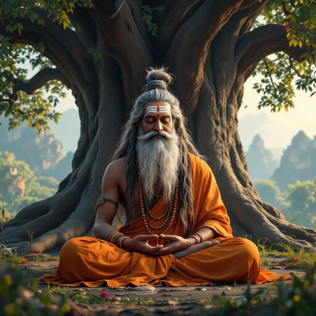 Divine Swamiji Meditating Beside Ancient Tree in Deep Samadh...