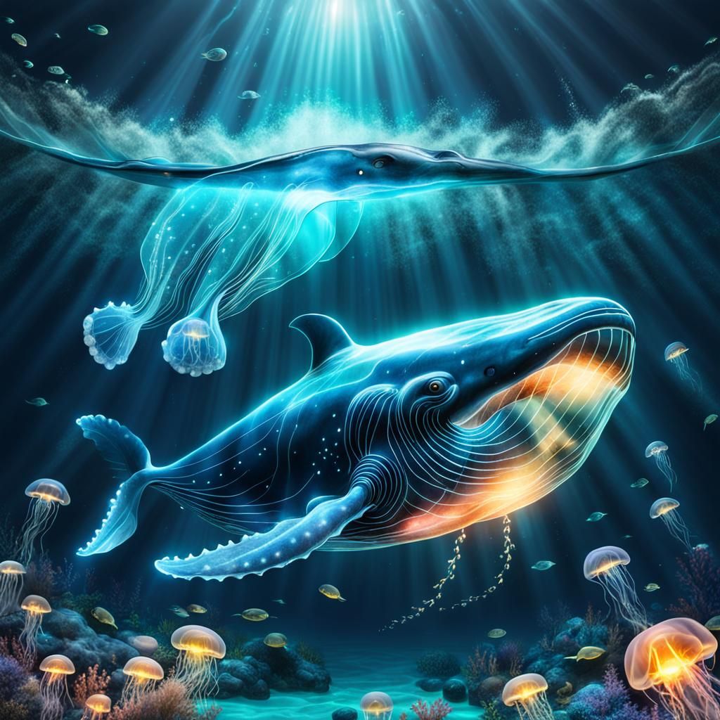 Underwater Glass Whale Amidst Glowing Jellyfish