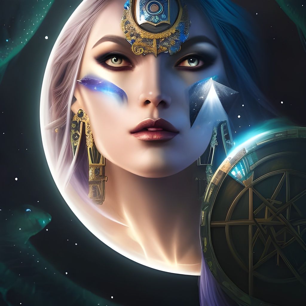 Occult Moon Priestess in Orion Cataclysm: 8k Concept Art