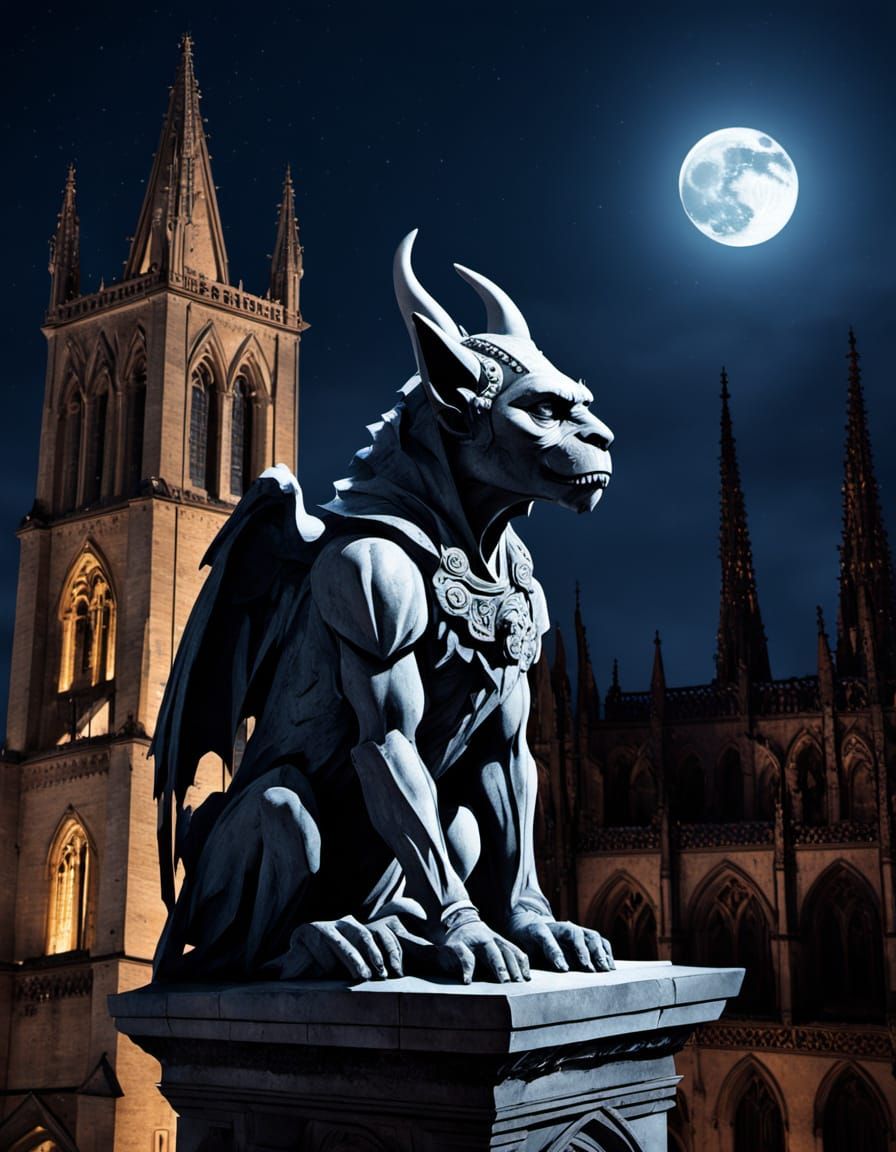 Stone Gargoyle Under Full Moonlight in Gothic Cathedral