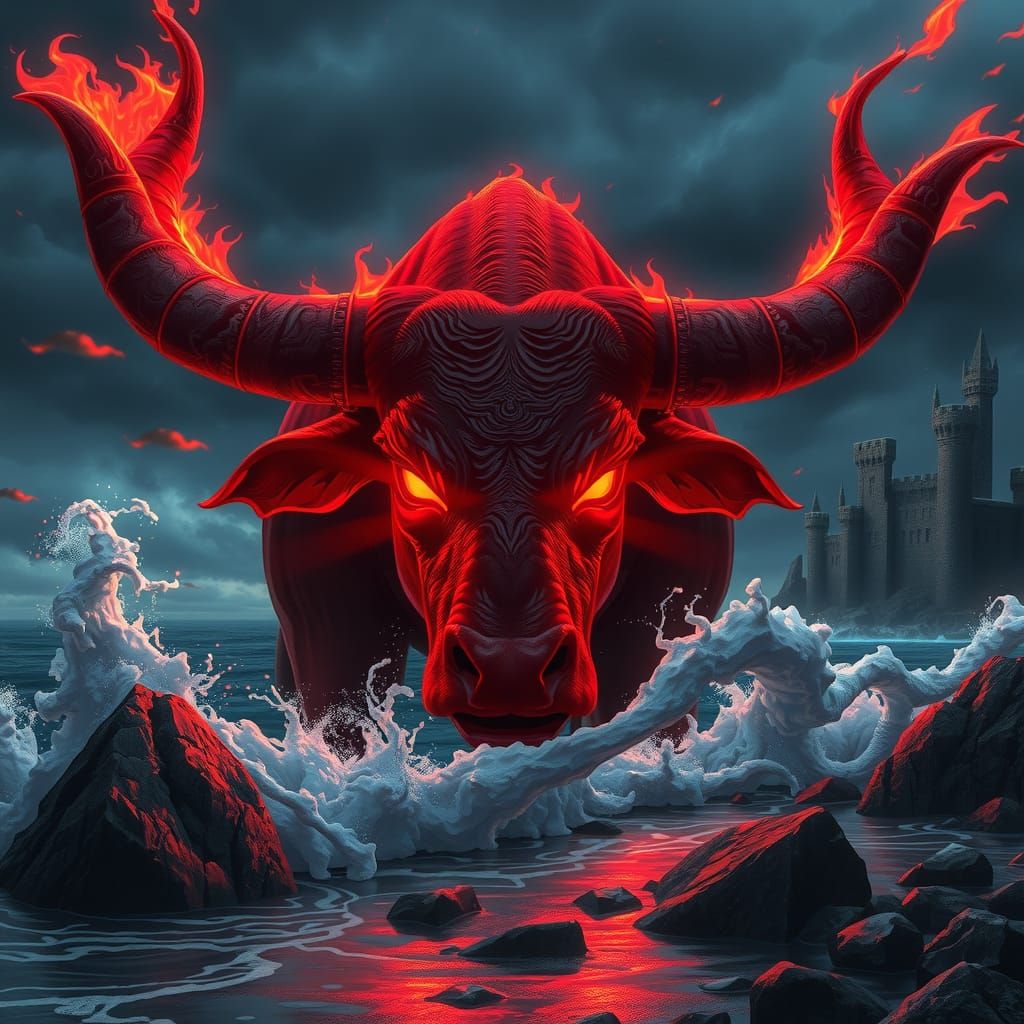 Menacing Red Bull Watches Ocean at Night