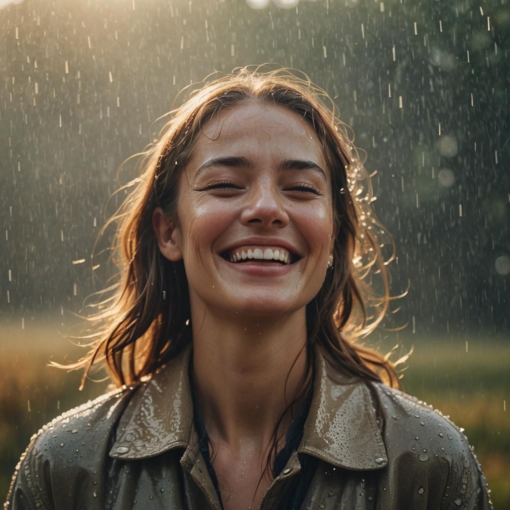Woman Laughing in Rain: Cinematic Close-Up Portrait