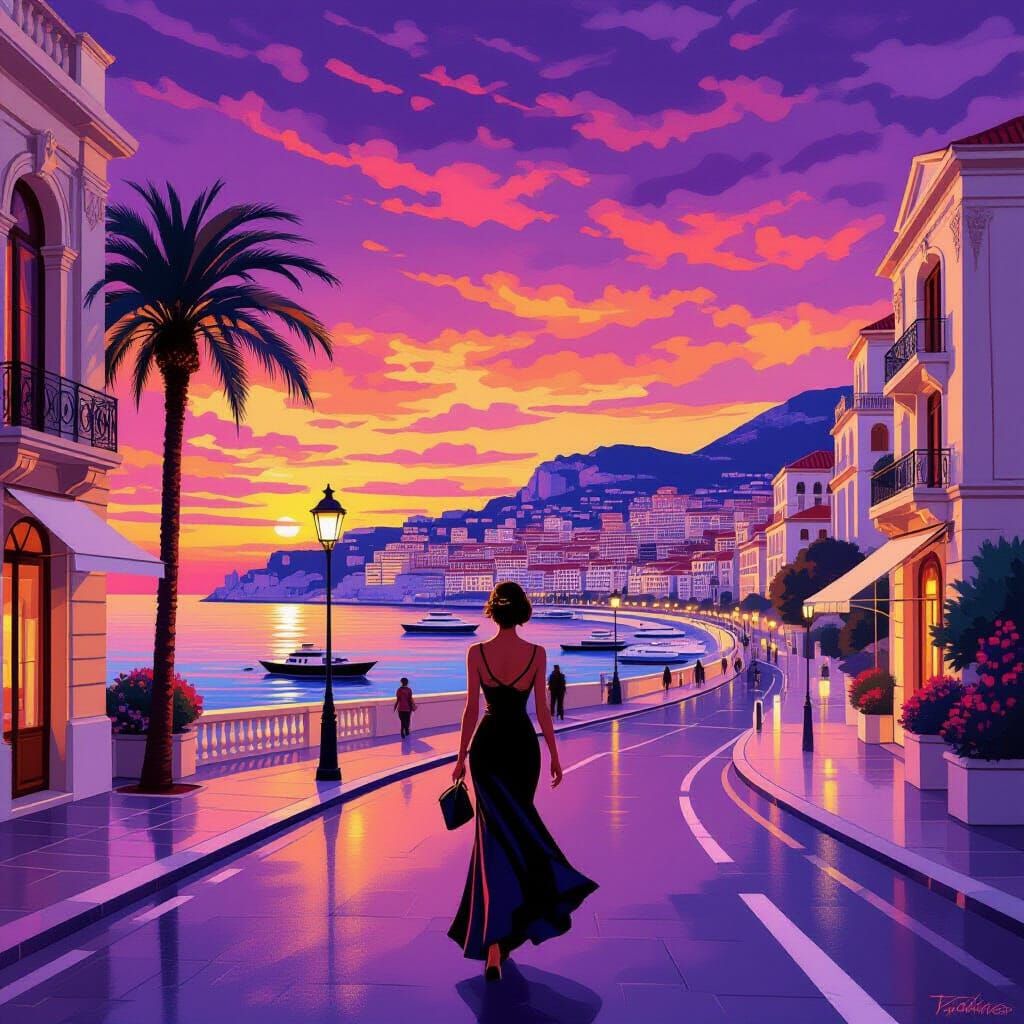 Art Deco Woman in Monaco at Sunset