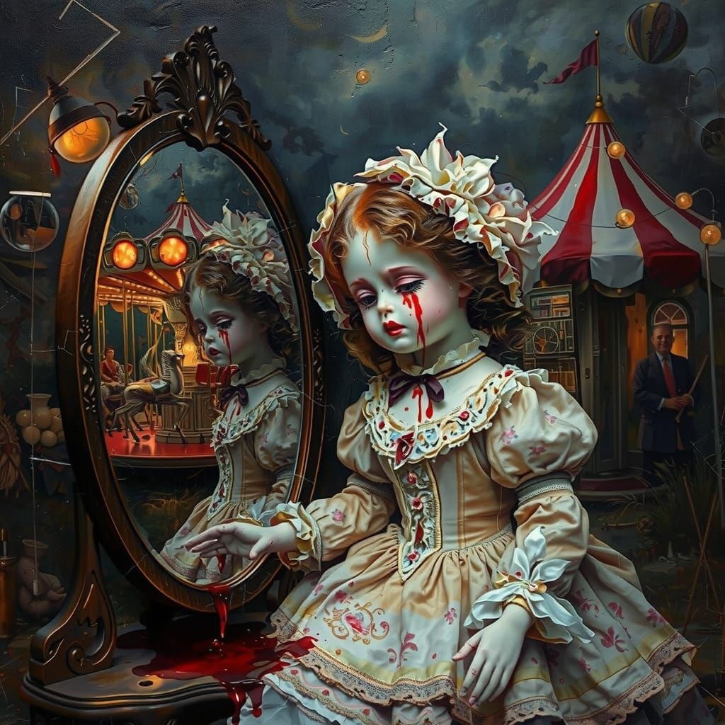Distorted Carnival Reflection in Oil Painting Style
