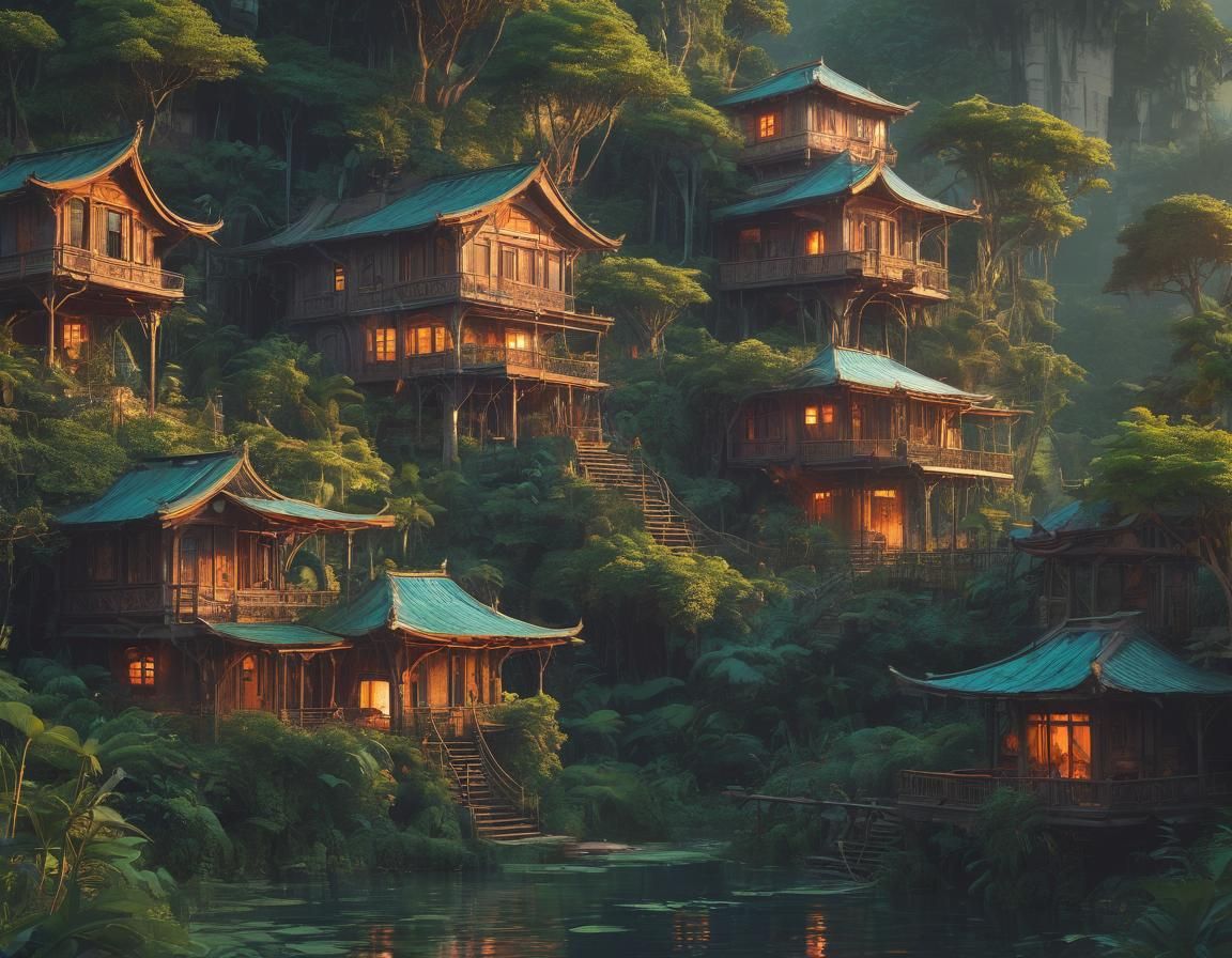 Tropical Solarpunk Village in Art Nouveau Style