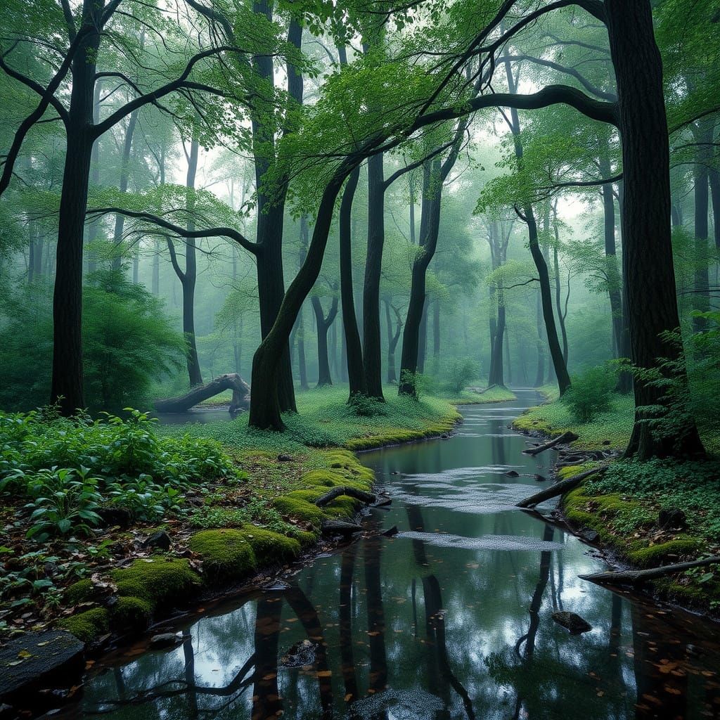 Serene Woodland Oasis in Oil Painting Style