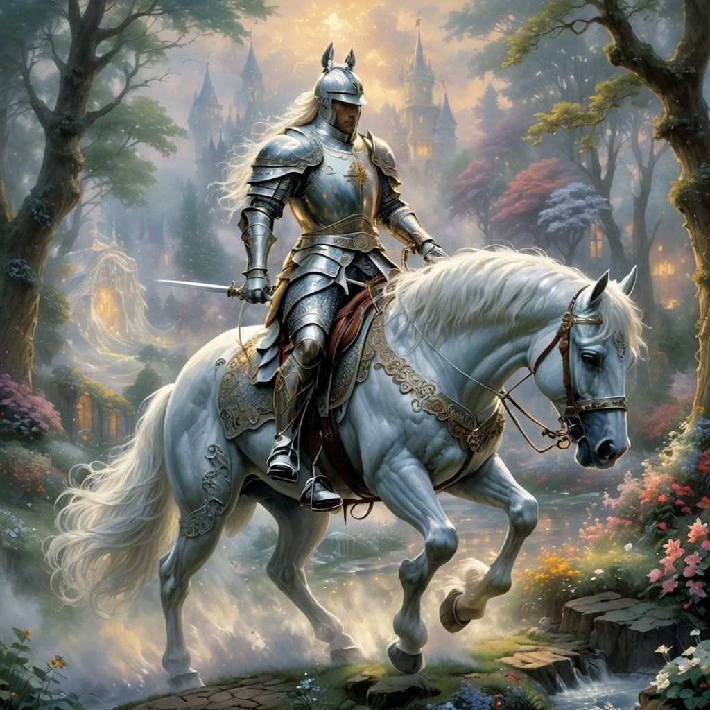 Ethereal White Knight and Horse in Fantasy Mist