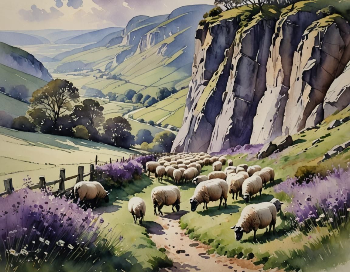 Sheep Grazing in Meadow Watercolor Painting