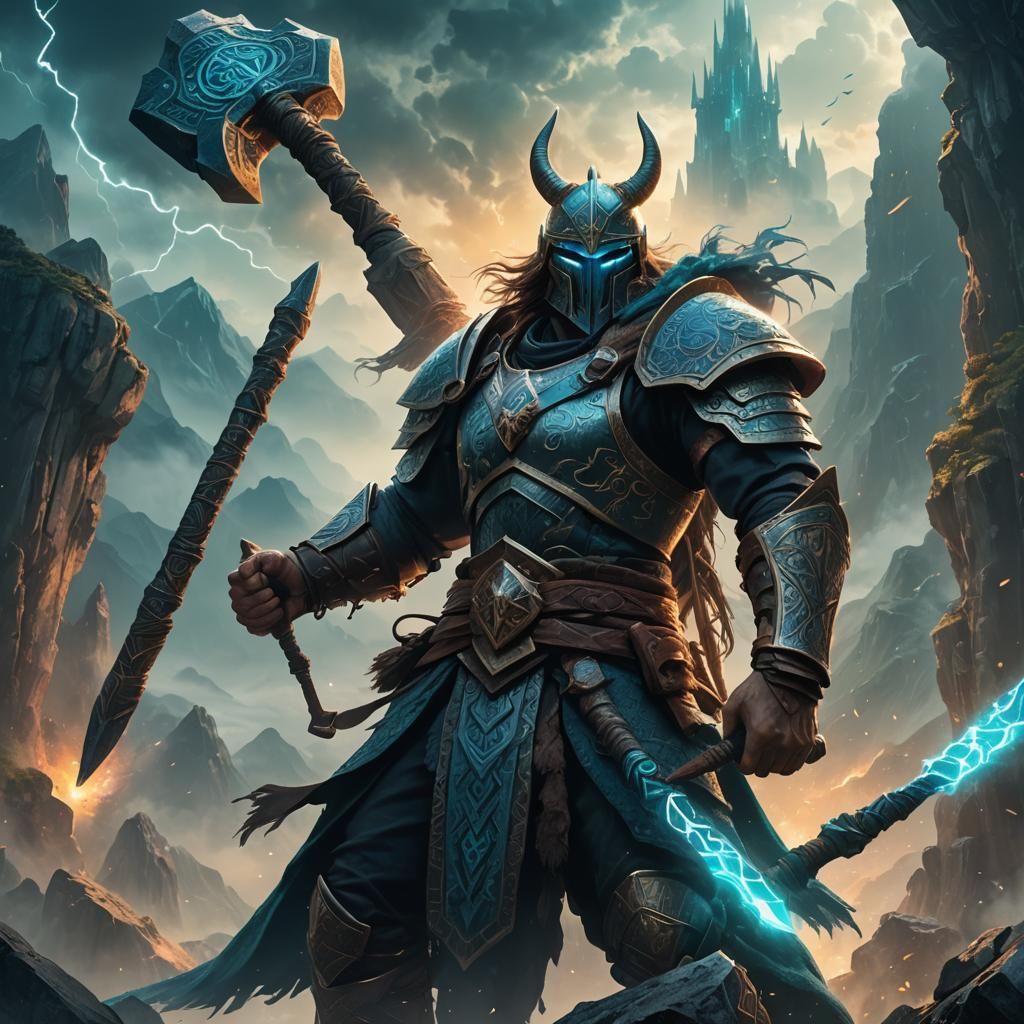 Mystical Warrior with Glowing War Hammer