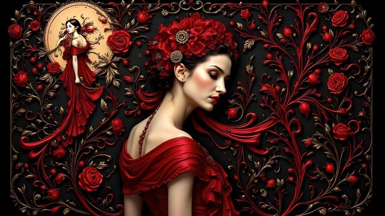 Elegant Woman Surrounded by Nostalgic Memories in Art Nouvea...