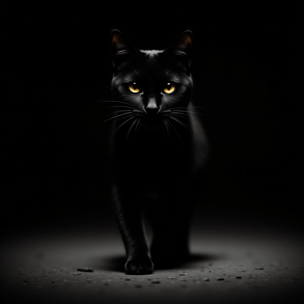 Black Cat with Bright Yellow Eyes Emerging from Darkness