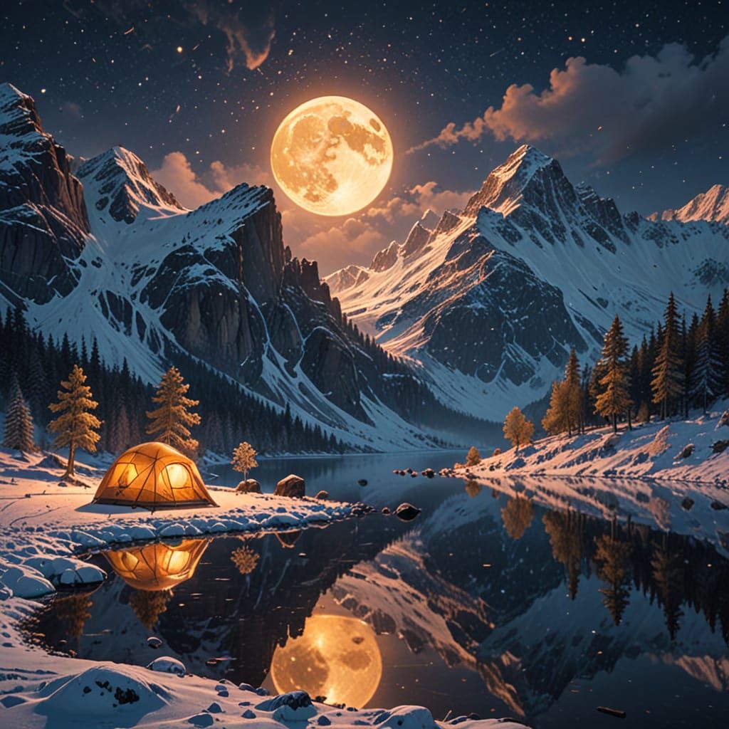 Serene Alpine Campsite under Starry Night Sky