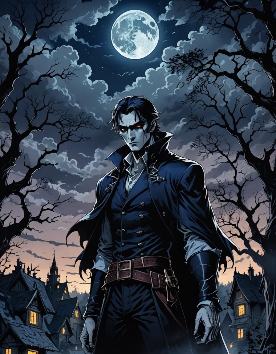 Vampire Overlooking Village: Dark Fantasy Anime Art