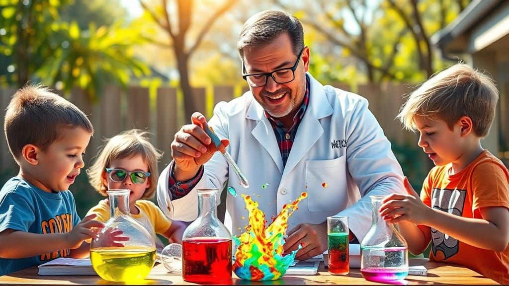 Science Dad's Backyard Experiment in Comic Book Style