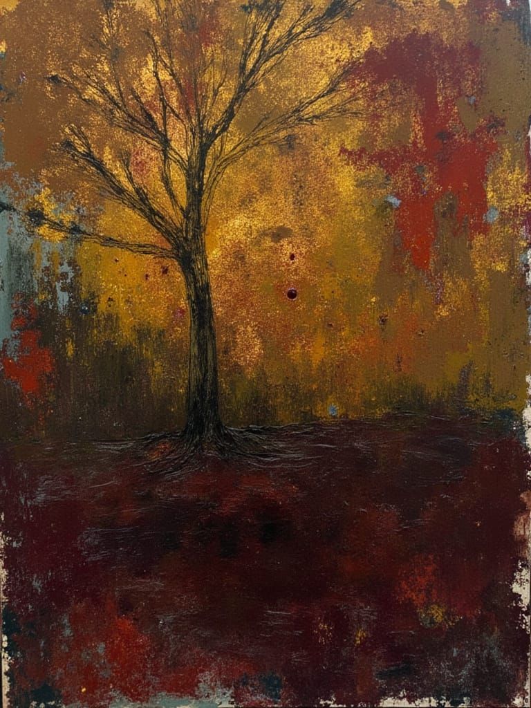 Abstract Autumn Forest Collage with Lone Tree
