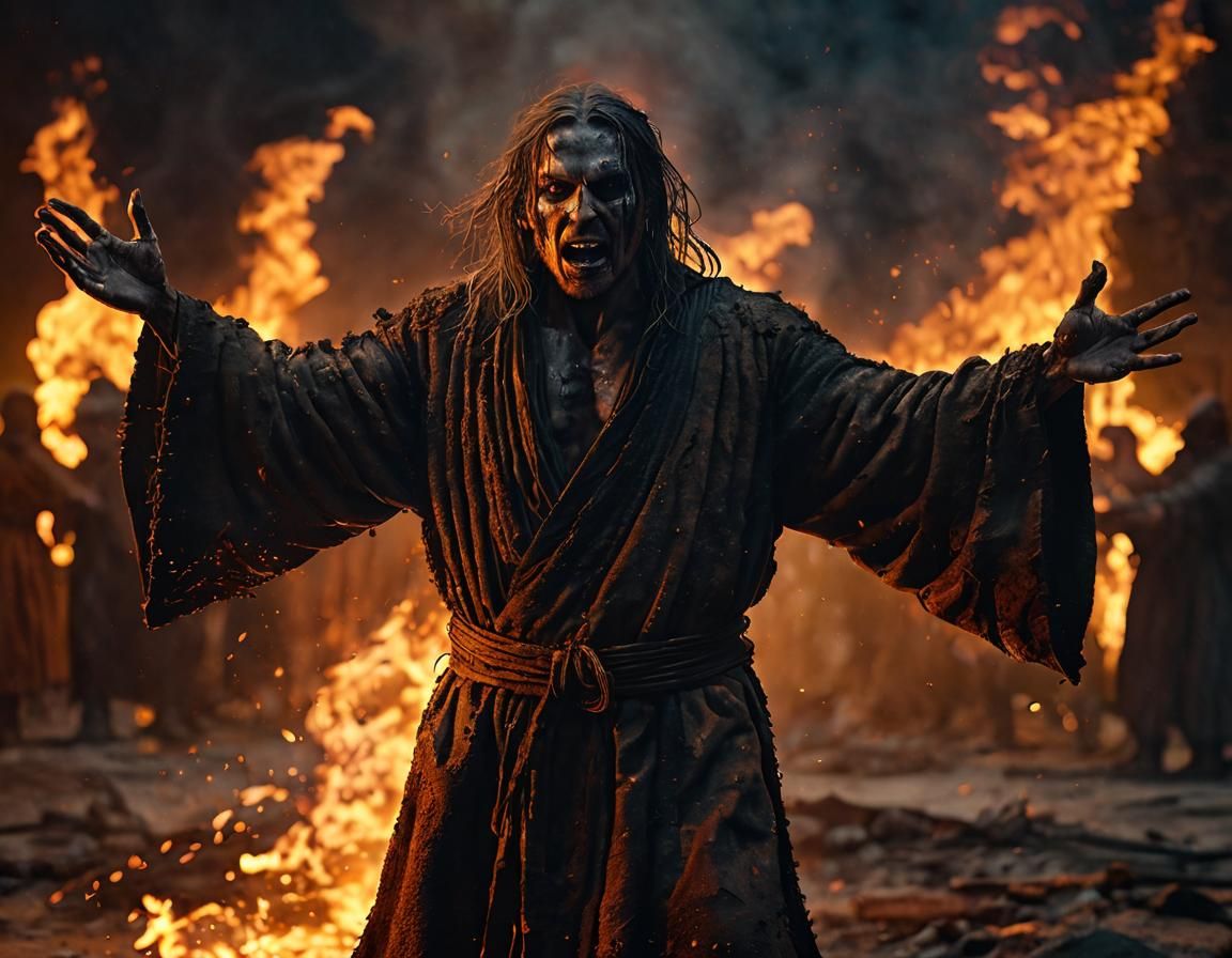 Defiant Figure Amidst Apocalyptic Flames in Surreal Style