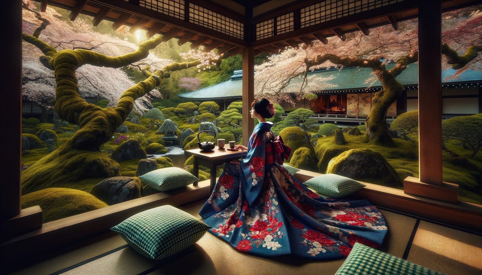 Japanese Tea House with Gingham Kimono