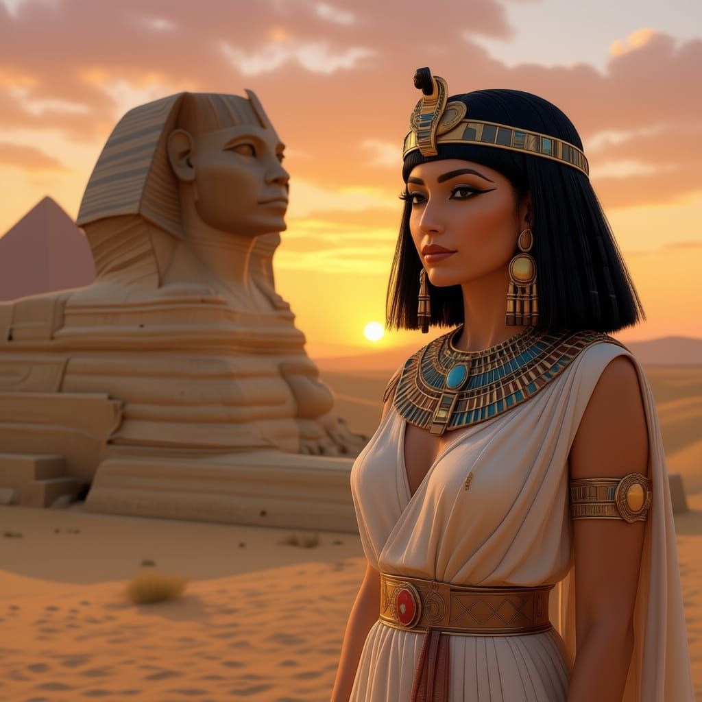 Cleopatra Before the Great Sphinx at Sunset