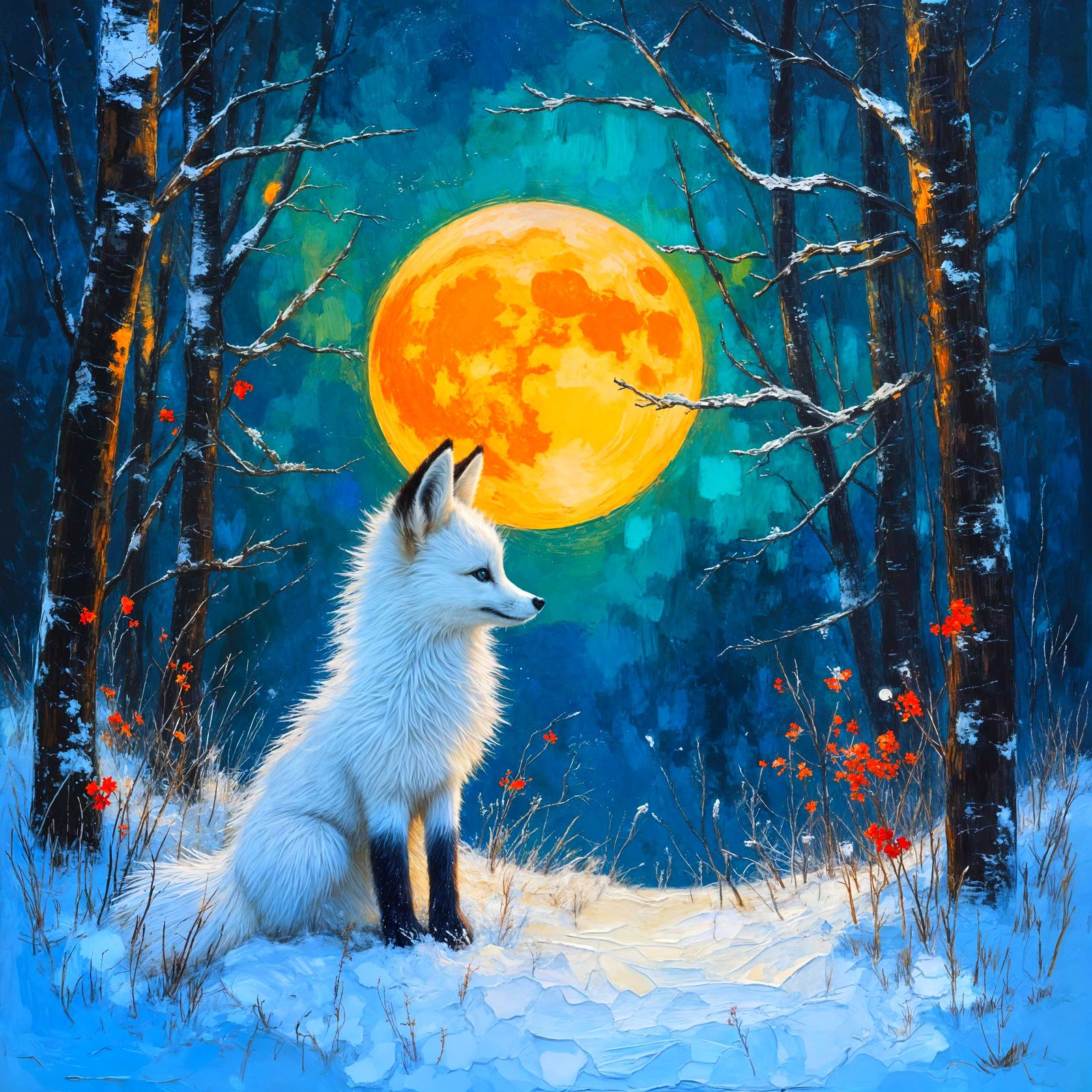 Arctic Fox in Snowy Forest Under Northern Lights