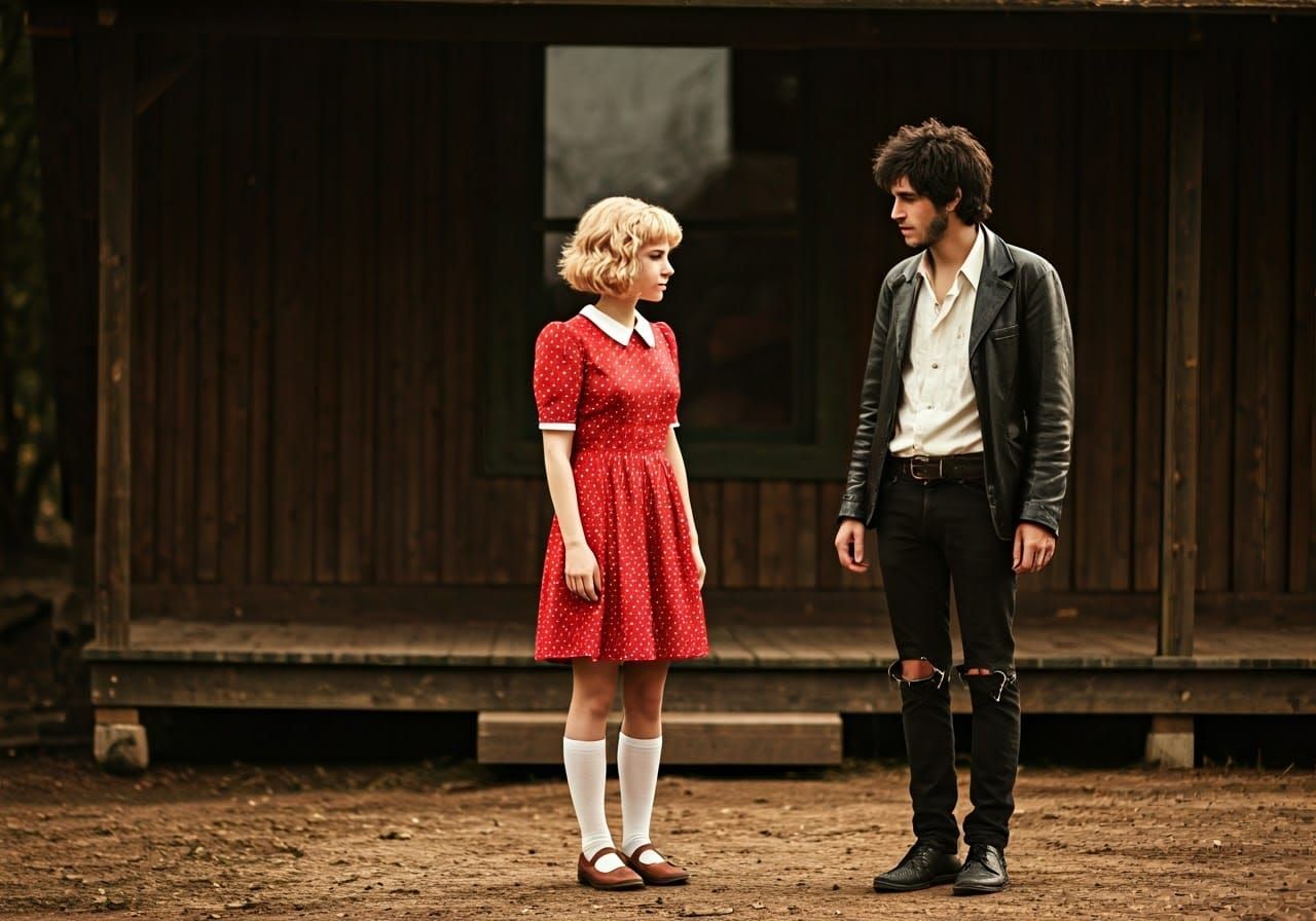 Woman in Vintage Red Dress Faces Young Man in Worn Leather J...