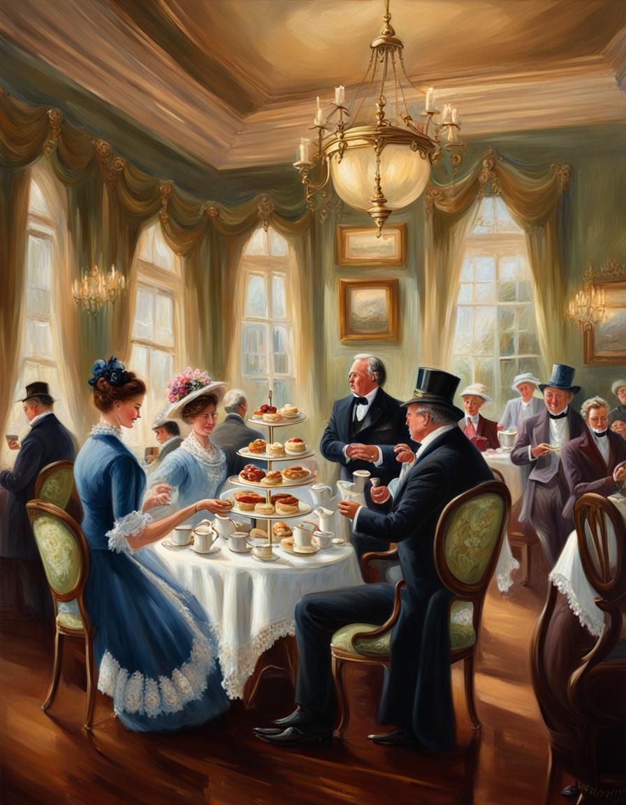 Victorian Tea Room: Luxurious Oil Painting