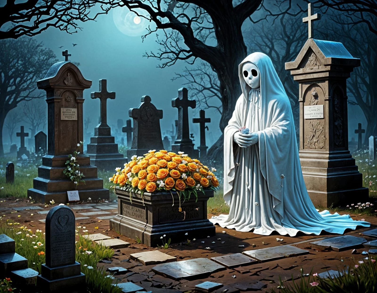 Cute Ghost Visits Grave with Chocolates and Flowers