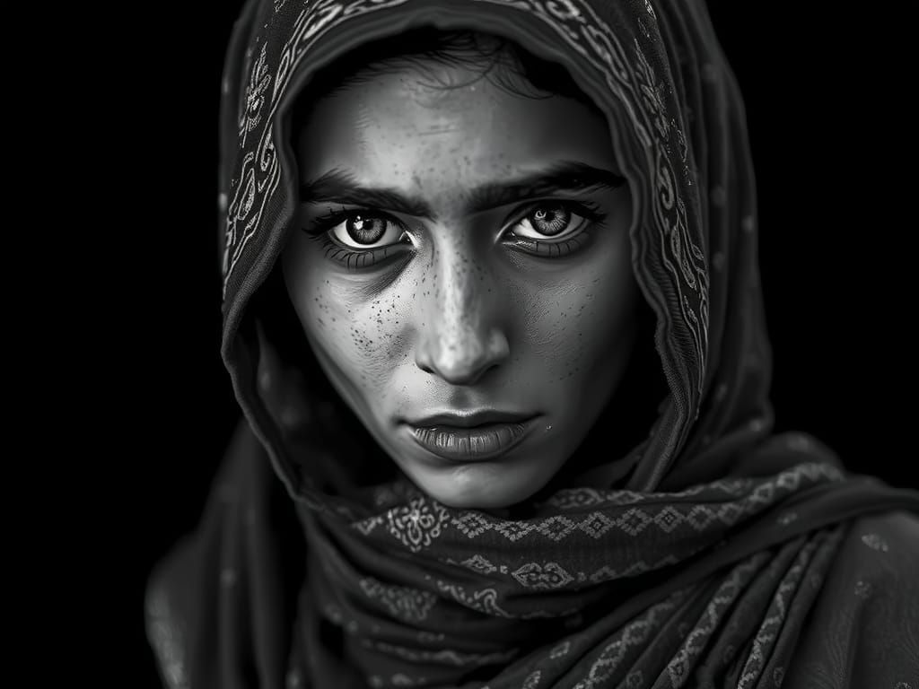 Hyperrealistic Portrait of Afghan Woman in Black and White