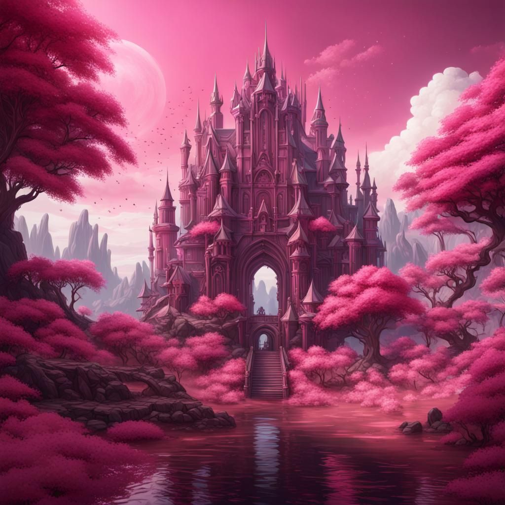 Detailed Pink Castle Matte Painting in Fantasy Style