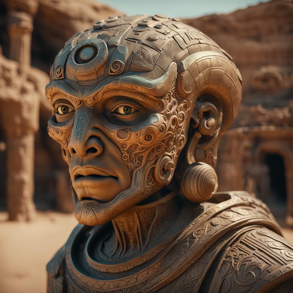 Ornate Ancient Android Sculpture in Cinematic Lighting
