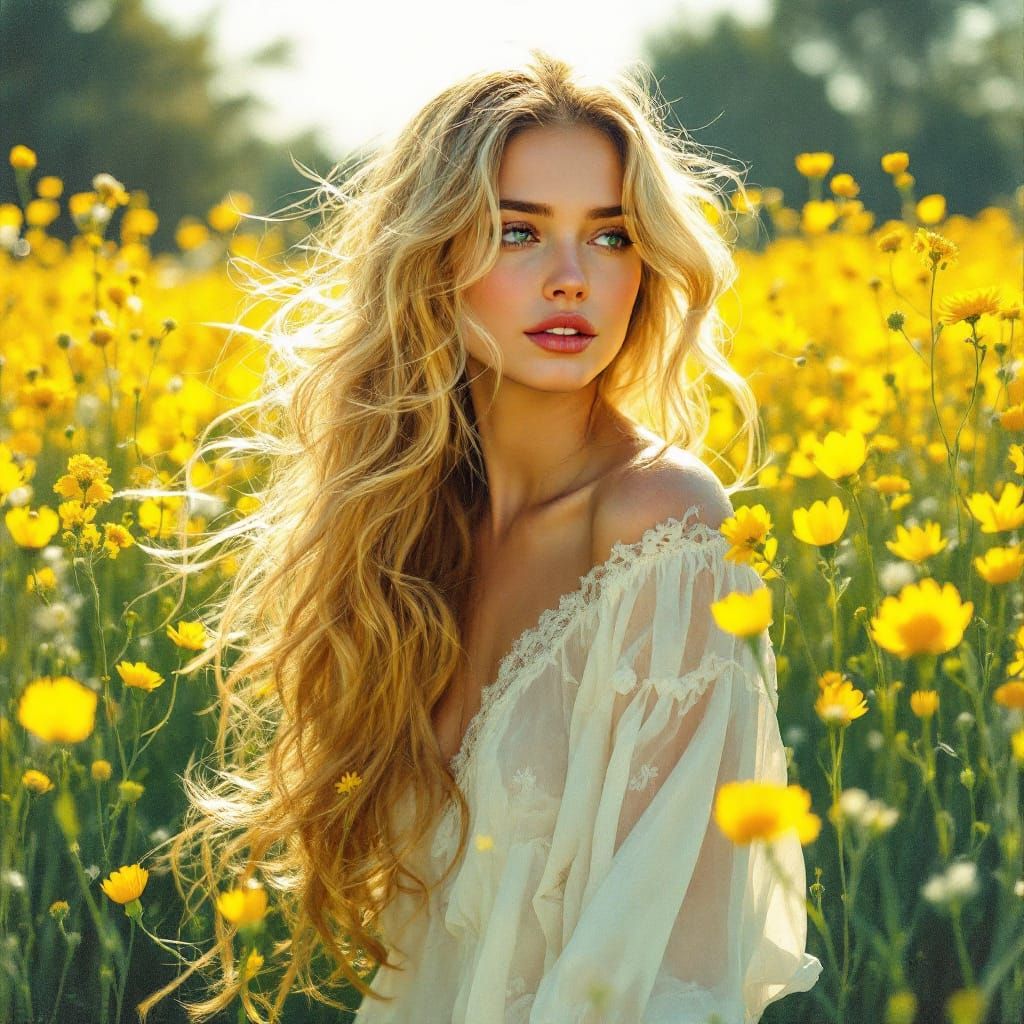 Golden Haired Woman in Impressionistic Meadow