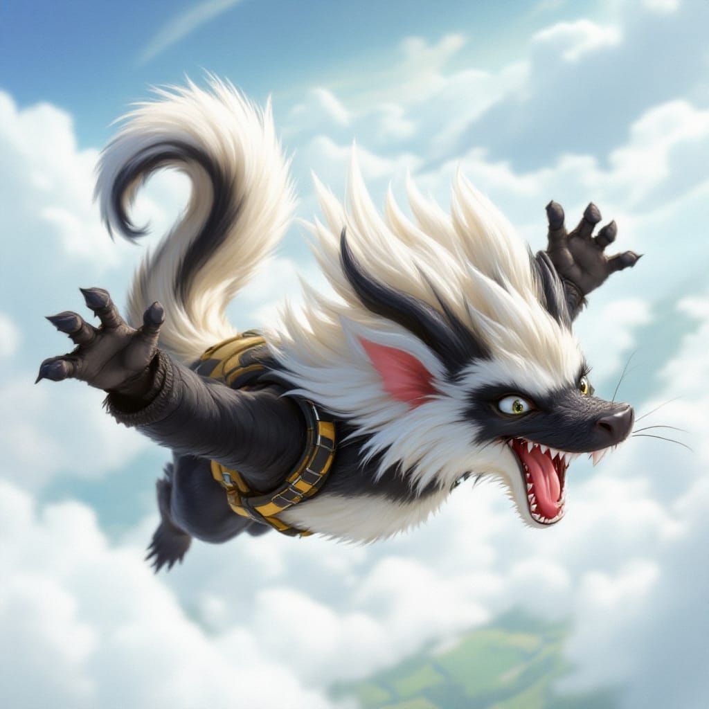 A skunk-Dragon-Hybrid creature skydiving and having fun.
