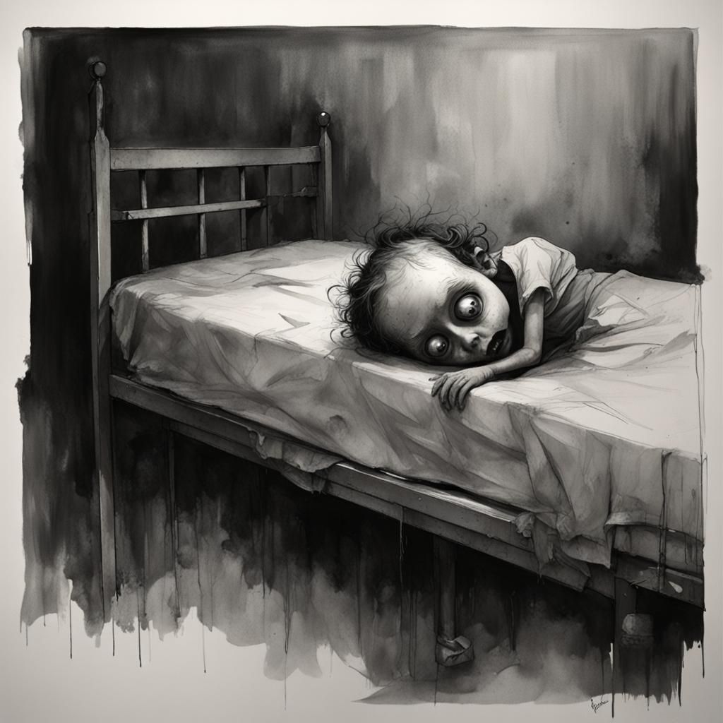 Scared Child Hiding Under Hospital Bed in Black and White