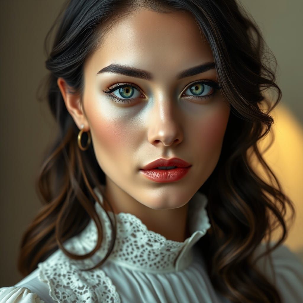 Hyperrealistic Portrait of a Beautiful Woman in Elegant Atti...
