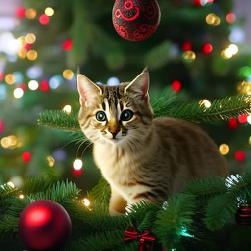 Cute Kitten in Christmas Tree: Digital Matte Painting