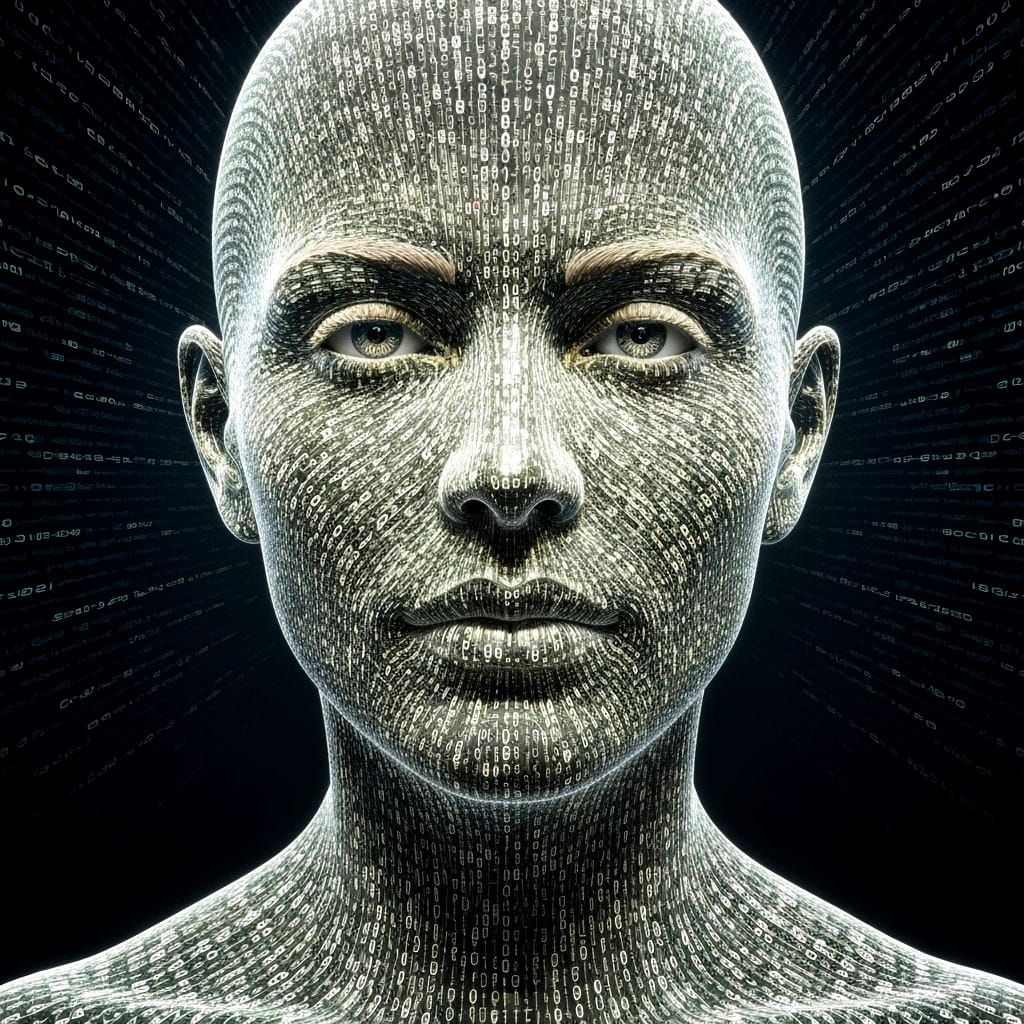 Mystical Face Made of Glowing Code and Binary