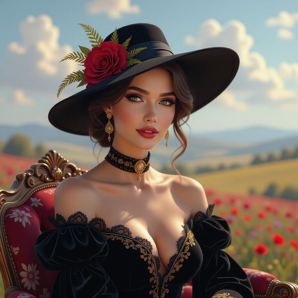 beautiful her in a hat, style of Nadya Rusheva, Roberta Stevena Connett, on black velvet with gold threads, landscape
