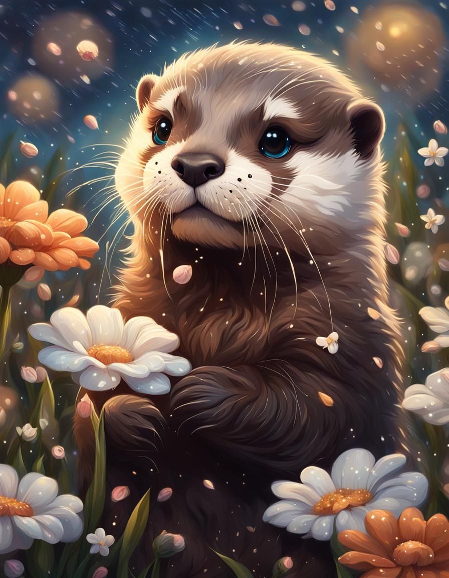 Fluffy Otter Cub Playing in Flower Rain
