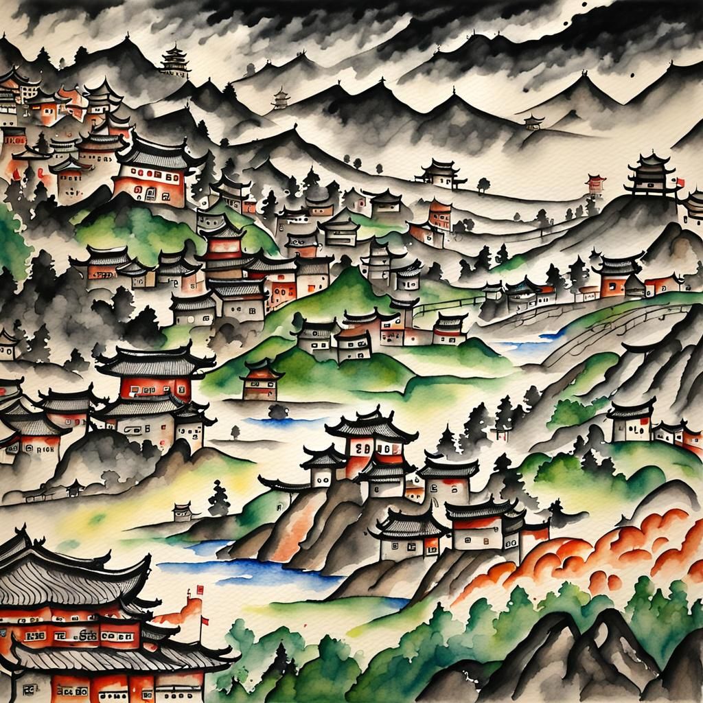 Oriental Cityscape in Korean Folk Art Style