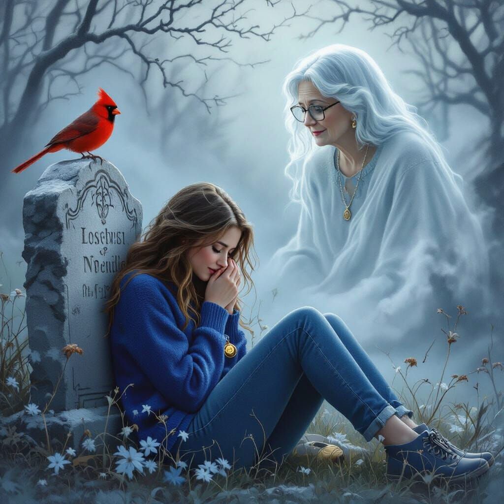 Woman Mourns at Gravestone with Cardinal, in Kinkade Style