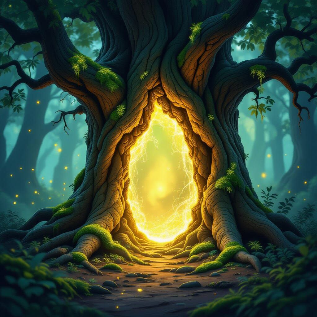 Golden Portal Opens in Ancient Forest Oak