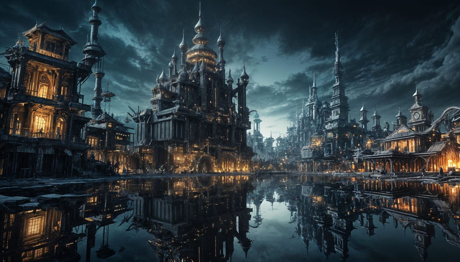 Carcosa Cityscape in Liquid Metallic Silver