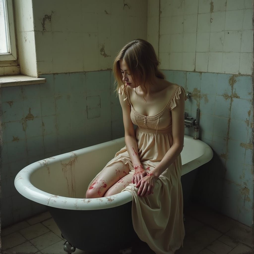 Melancholic Woman in Dilapidated Bathroom, Distorted Art