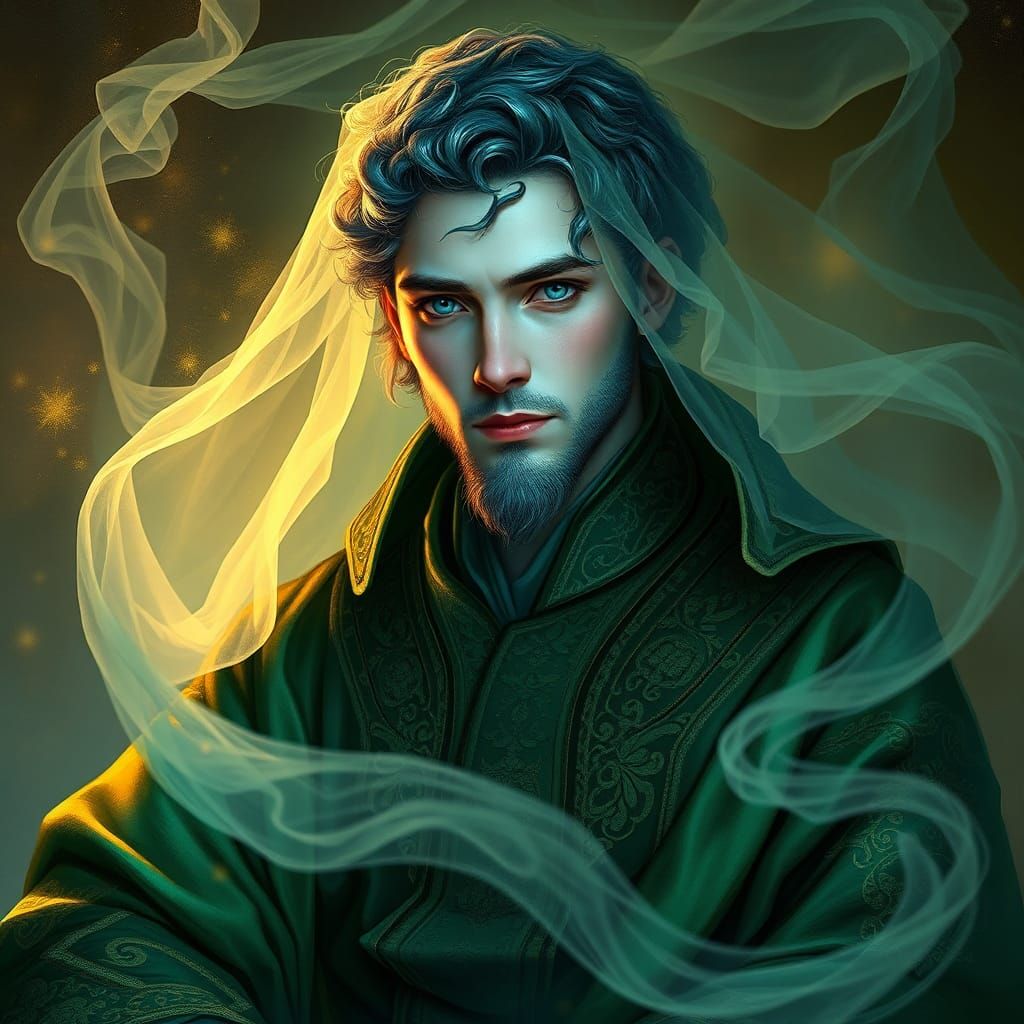 Mystical Blue Wizard Portrait in Ethereal Lighting