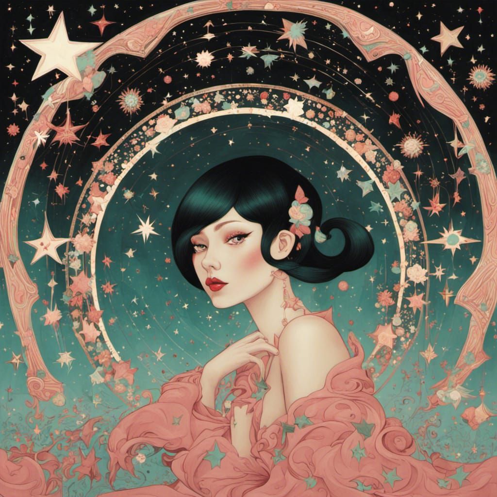 Woman Surrounded by Stars in Surreal Style