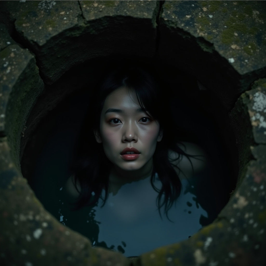 Eerie Asian Woman in Dark Stone Well