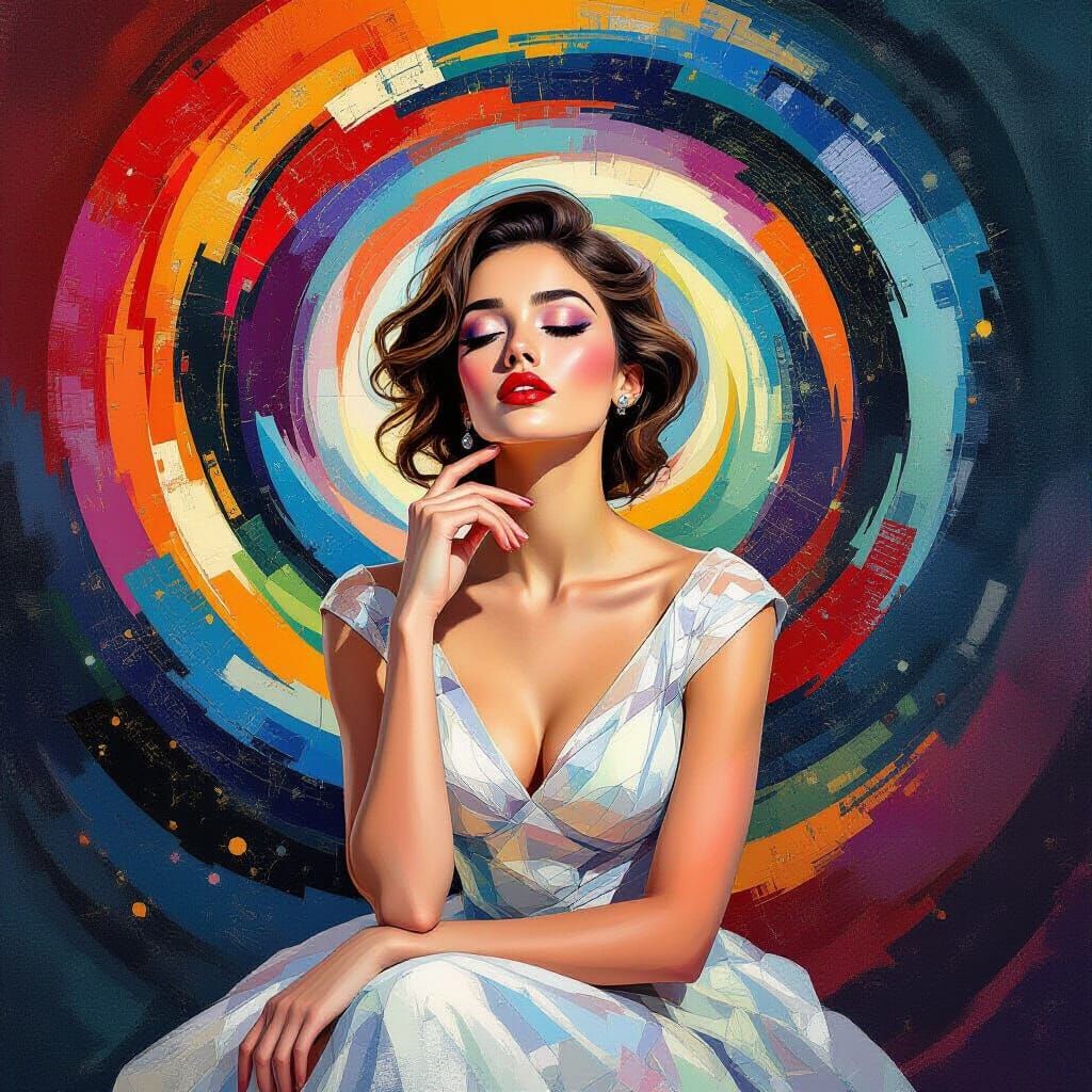 Woman's Face Fragmenting into Geometric Shards, Abstract Exp...