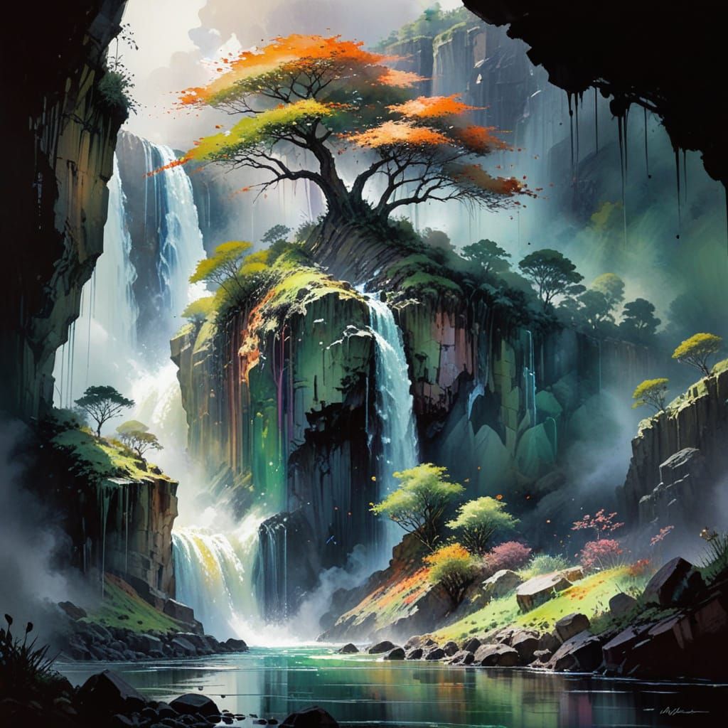 Rainbow Waterfall Amidst Green Trees in Expressive Watercolo...