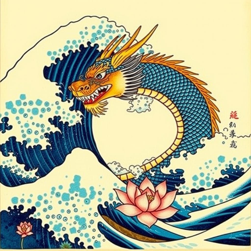 Majestic Japanese Dragon Crashes Through Waves in Traditiona...